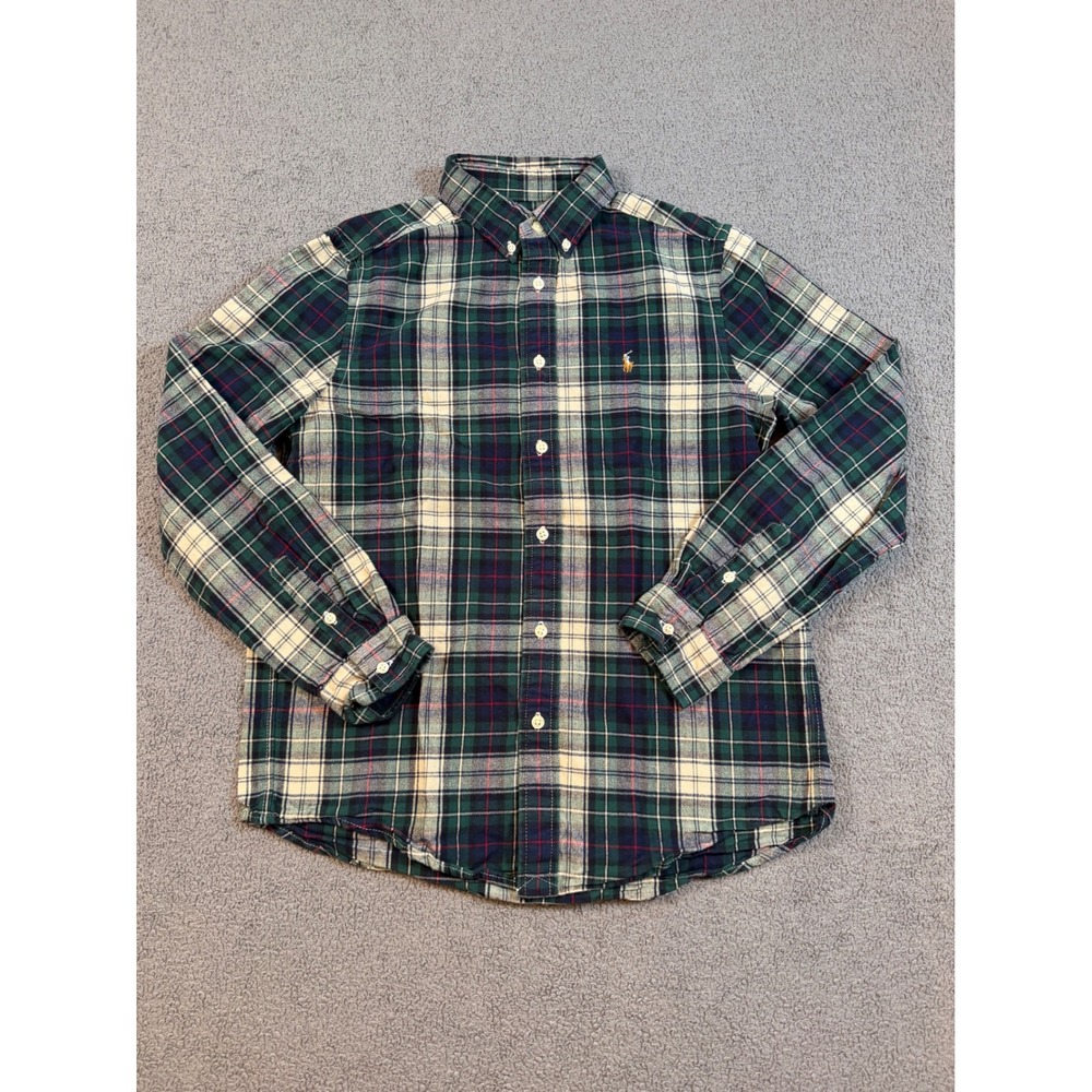 Polo Ralph Lauren Boys Green Navy Plaid Flannel Button Down Shirt Large 14-16